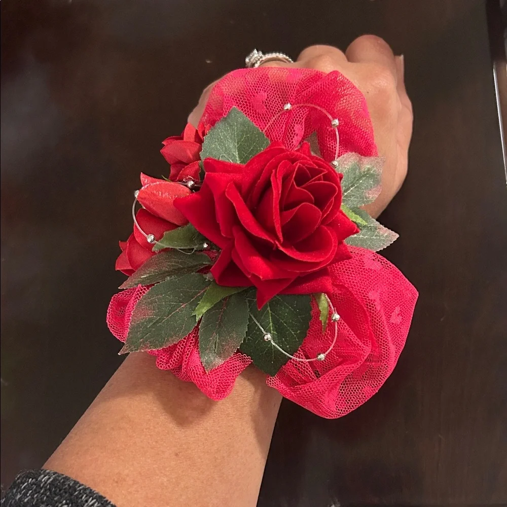 Red Floral Wrist Corsage and boutonnière homemade